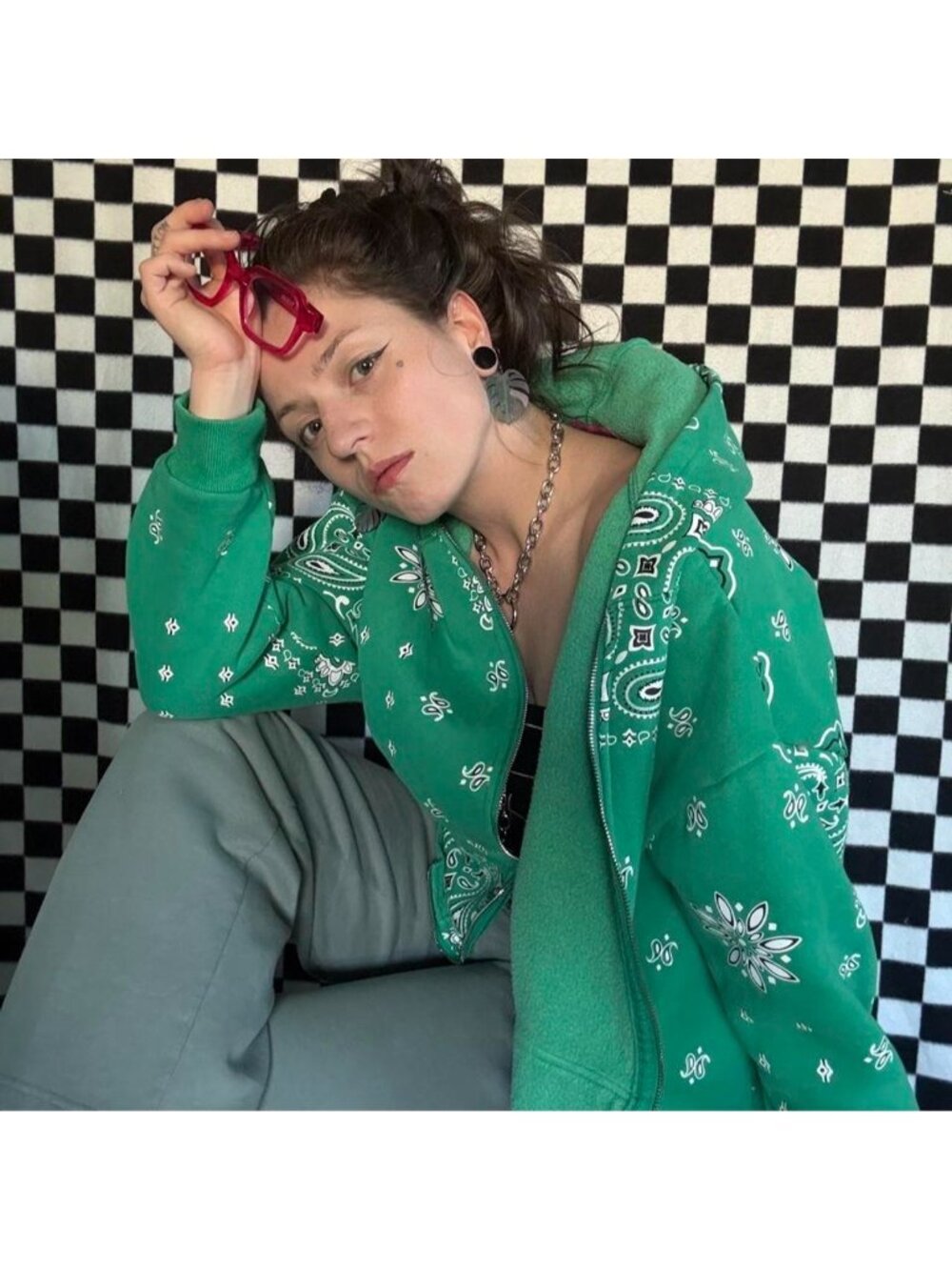 green bandana print zip up hoodie
